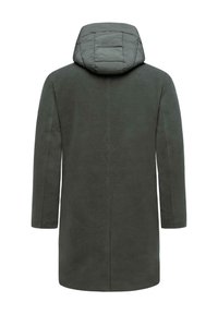 Cappotto lungo, verde scuro con cappuccio gonfio. Presenta una superficie liscia, un taglio dritto e un design minimalista. La vista dal retro mostra un dettaglio di cucitura.
