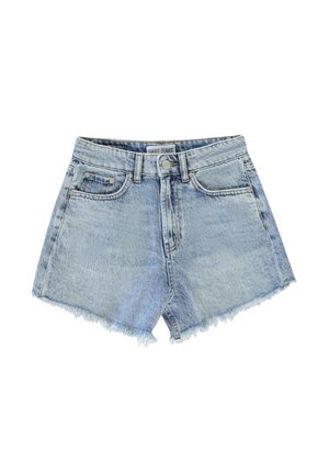 Lichtblauwe denim shorts met een hoge taille, een rafelige zoom en een klassiek vijf-pocket ontwerp. Soepele textuur met subtiele vervagingdetails.