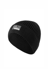 Black ribbed beanie with a close-fitting design. Features a small white label on the front displaying the brand name and logo.