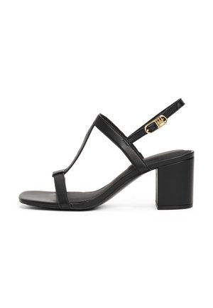 Sandalia de cuero negro con tacón cuadrado y diseño de tira en T, correa para el tobillo ajustable y plantilla plana. Presenta herrajes en tono dorado.