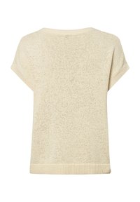 Gebreid t-shirt met korte mouwen in lichtbeige met een iets losse pasvorm. Kenmerken zijn een gestructureerde afwerking en ribbels aan de kraag en de zoom.