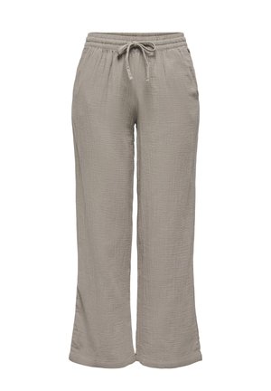 Široke hlače u boji taupe s elastičnim pojasom i vezicom, izrađene od teksturiranog materijala, prikazane sprijeda na bijeloj pozadini.