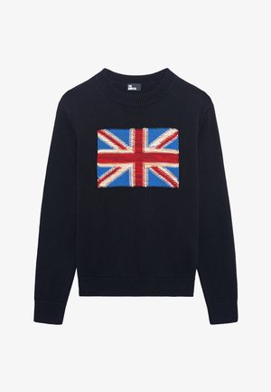 Marineblaues Sweatshirt mit einem gestrickten Union Jack-Design auf der Vorderseite. Runder Halsausschnitt, gerippte Säume und strukturierter Stoff.