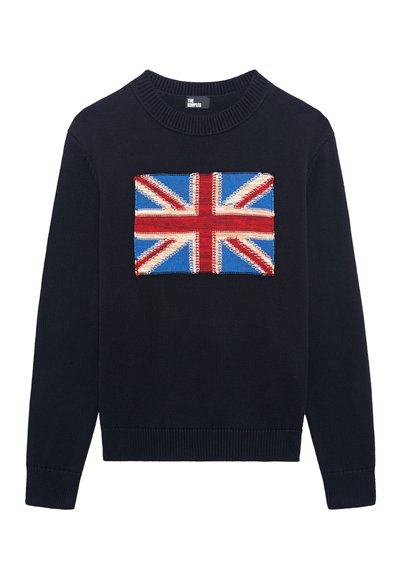Suéter navy con un diseño de la Union Jack tejido en la parte delantera. Cuello redondo, puños y dobladillo de canalé, y tela texturizada.