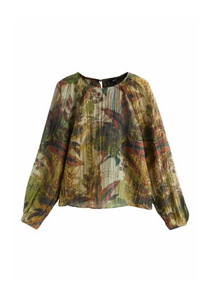 Haut léger à manches longues avec un imprimé botanique en vert, rouge et jaune. Coupe légèrement ample avec un col rond et des plis subtils.