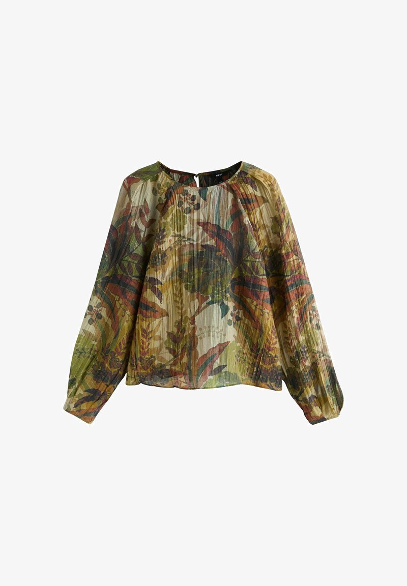 Lichtgewicht top met lange mouwen, voorzien van een botanische print in groen-, rood- en gele tinten. Iets lossere pasvorm met een ronde hals en subtiele plooien.