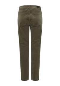 Pantalon en velours côtelé vert olive, vue arrière avec deux poches arrière et une petite étiquette de marque noire sur la ceinture.