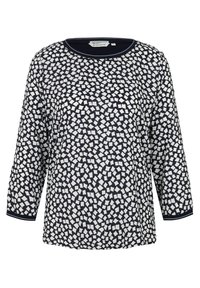 Granatowa, długosleeve jasna bluzka z geometrycznym białym wzorem, okrągłym dekoltem i teksturowanym materiałem z kontrastowymi mankietami.