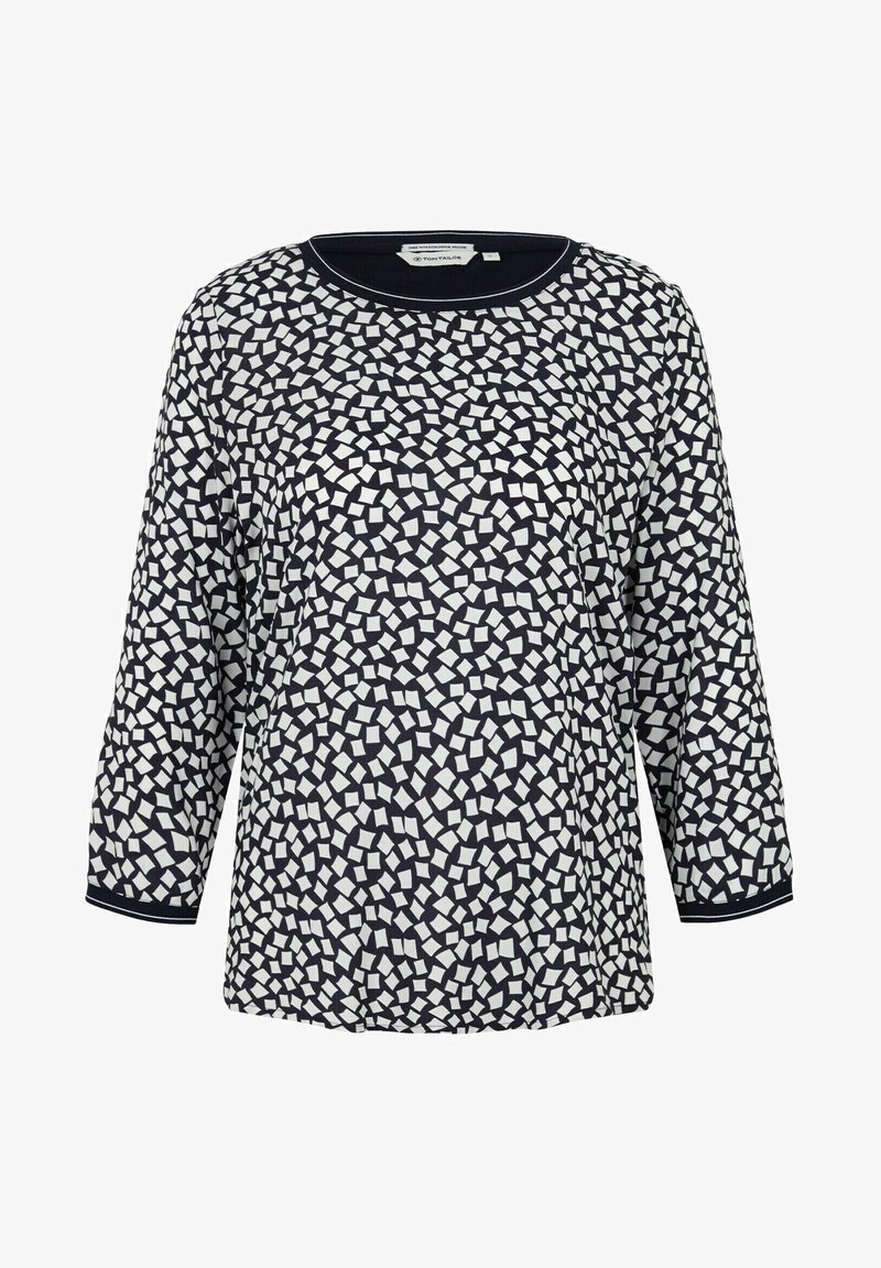 Granatowa, długosleeve jasna bluzka z geometrycznym białym wzorem, okrągłym dekoltem i teksturowanym materiałem z kontrastowymi mankietami.