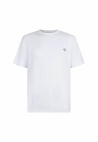 Biała bawełniana koszulka T-shirt z krótkim rękawem, okrągłym dekoltem i małym czarnym logo na lewej piersi. Gładka tekstura, luźny krój.