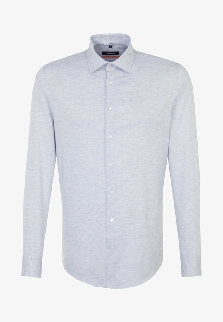 Jasnoniebieska koszula z długim rękawem, zapinana na guziki, wykonana z miękkiego materiału, z delikatnym teksturowanym wzorem i standardowym kołnierzykiem.
