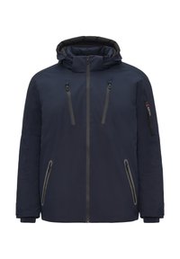 Marineblaue isolierte Jacke mit hohem Kragen, Vorderreißverschluss und mehreren mit Reißverschluss versehenen Taschen. Verfügt über graue Akzente und eine leicht strukturierte Oberfläche.