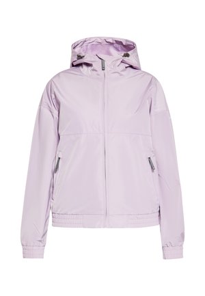 Svetlo vijolična, lahka jakna s kapuco, z zipom, elastičnimi manšetami in stranskimi žepi; gladek, vodoodporen material.