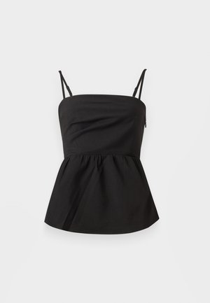 Črni peplum top z nastavljivimi tankimi naramnicami, gladko teksturo, prilegajočim zaprtjem in razširjenim dnom, brez vidne strojne opreme.