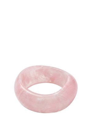 Smooth, polished pink stone bangle bracelet with a rounded, chunky shape and a marbled translucent texture.
