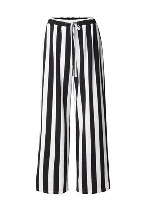 Pantalon à jambes larges avec des rayures verticales noires et blanches et un cordon blanc à la taille élastique.