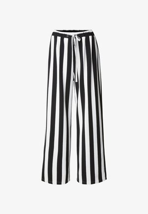 Pantalon à jambes larges avec des rayures verticales noires et blanches et un cordon blanc à la taille élastique.
