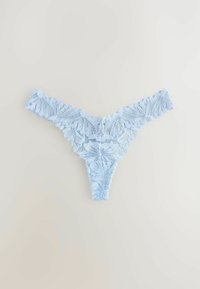 Light blue lace thong featuring scalloped edges, floral patterns, and a delicate, sheer texture. Elegant design with minimal coverage.