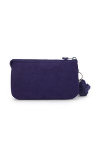 Small rectangular dark purple zippered pouch with fabric texture and a fluffy pom-pom keychain attached at the zipper end.