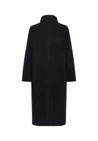 Manteau noir longueur genou vu de dos, à manches longues, coupe droite, col montant, sans fermetures ni détails visibles.