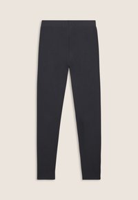Leggings blu navy realizzati in tessuto liscio, con una vita larga ed elastica e una silhouette aderente senza cuciture visibili o decorazioni.