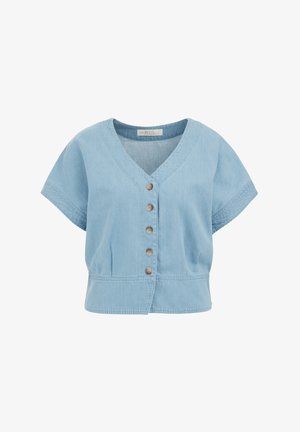 Lichtblauwe denim blouse met korte mouwen met een V-hals, vijf houten knopen aan de voorkant en een verzamelde taille met een rechte zoom.
