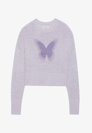 Lila cropped trui met een ribgebreide halslijn en mouwen, met een gradient vlinderontwerp gemaakt van een iets donkerdere paarse textuur.