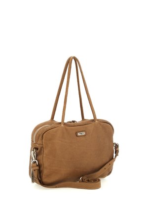 Borsa a mano in pelle marrone con due manici e una tracolla regolabile. Presenta una chiusura con cerniera e una superficie strutturata con un piccolo logo.