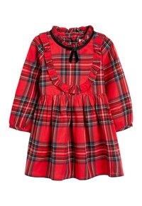 Robe à carreaux rouges avec des manches longues, un col froncé et une taille cintrée avec une jupe évasée. Noeud noir en accent au niveau du col.