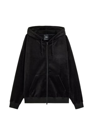 Felpa nera con cappuccio e zip, con coulisse, tasca a marsupio frontale, polsini e banda elasticizzata in vita, mostrata su uno sfondo bianco semplice.