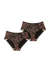 Sort hipsterundertøjssæt i blonder med blomsterblade og bløde lyserøde accenter. Tekstureret blondeoverlay med ensfarvede sorte sider.