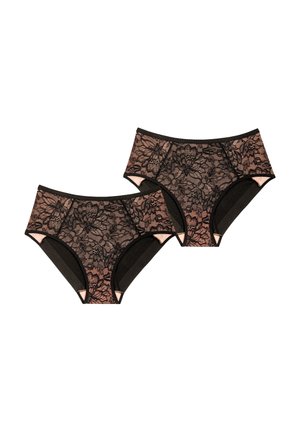 Conjunto de ropa interior hipster de encaje negro con patrones florales y toques suaves en rosa. Superposición de encaje texturizado con laterales sólidos en negro.