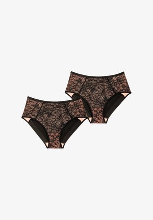 Schwarzes Spitzen-Hipster-Unterwäsche-Set mit Blumenmustern und sanften rosa Akzenten. Strukturierte Spitzenüberlagerung mit einfarbigen schwarzen Seiten.