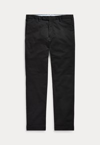 Pantalones negros de pierna recta con cinturilla para cinturón, bolsillos delanteros y cremallera, mostrados planos sobre un fondo blanco liso.