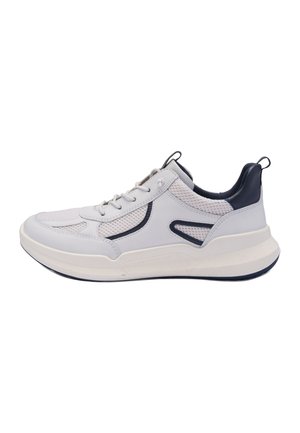 White and navy sneaker with mesh and leather panels, thick sole, lace-up front, and pull tabs on tongue and heel, shown in side profile.