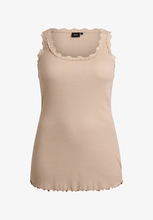 Bēša ribota bezroku krekla virsdrēbe ar viļņotu mežģīņu apmali pie kakla izgriezuma un piedurknēm. Mīksta tekstūra, slaids siluets un viļņota apakšmala.