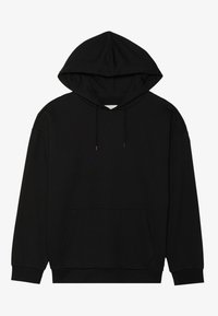 Hoodie noir en tissu doux, avec une grande poche avant, une capuche à cordon et des poignets côtelés, offrant une coupe décontractée.