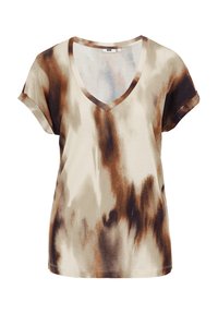 Koszulka z krótkim rękawem w dekolcie V w odcieniu beżowym, z brązowym i kremowym, abstrakcyjnym wzorem tie-dye. Miękka struktura i luźny krój. Zaokrąglony dół.