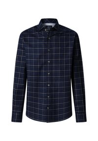 Camicia a scacchi blu navy con colletto button-down, caratterizzata da motivi a quadri contrastanti in beige, maniche lunghe e chiusura frontale con bottoni.