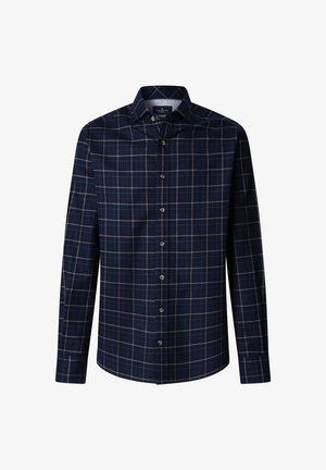 Granatowa koszula w kratę z kołnierzykiem zapinanym na guziki, z kontrastującymi wzorami w kolorze beżowym, długimi rękawami i zapięciem na guziki z przodu.