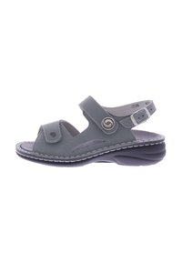 Gray open-toe sandal featuring a suede-like material, adjustable straps, decorative swirl accent, and a cushioned black sole.