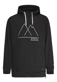 Zwarte pullover hoodie met witte bergprint, verstelbare koord capuchon, voorzak en elastische manchetten. Gemaakt van zacht, soepel materiaal.
