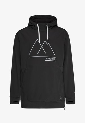 Zwarte pullover hoodie met witte bergprint, verstelbare koord capuchon, voorzak en elastische manchetten. Gemaakt van zacht, soepel materiaal.