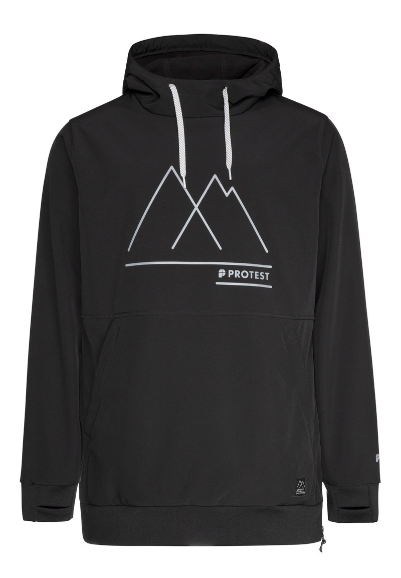 Zwarte pullover hoodie met witte bergprint, verstelbare koord capuchon, voorzak en elastische manchetten. Gemaakt van zacht, soepel materiaal.