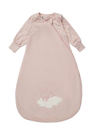 Rosa Schlafsack mit langen gemusterten Ärmeln, auf dem ein Hase auf einer Wolke sitzt. Aus weichem Stoff mit Reißverschluss und gewelltem Boden gefertigt.