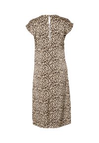 Haljina s uzorkom leopard, kratkim rukavima, do koljena, s V-izrezom na leđima, izrađena od laganog materijala s glatkom teksturom.