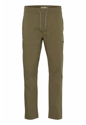 Olivgrüne Hose aus leichtem Stoff, mit einem elastischen Bund und Kordelzug, zwei seitlichen Taschen und einer schmal zulaufenden Passform.