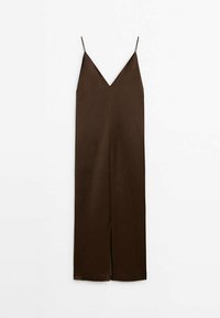 Brązowa sukienka na ramiączkach o cienkich paskach, głębokim dekolcie w kształcie V i rozcięciu z przodu. Wykonana z gładkiego materiału o eleganckim, minimalistycznym designie.