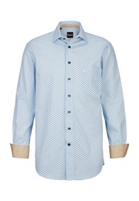 Himmelblaues Langarmhemd mit geometrischem Muster, braunen Knöpfen und kontrastierenden beigen Manschetten. Verfügt über einen klassischen Kragen und eine normale Passform.