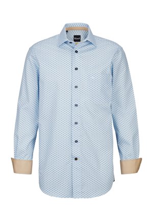 Himmelblaues Langarmhemd mit geometrischem Muster, braunen Knöpfen und kontrastierenden beigen Manschetten. Verfügt über einen klassischen Kragen und eine normale Passform.